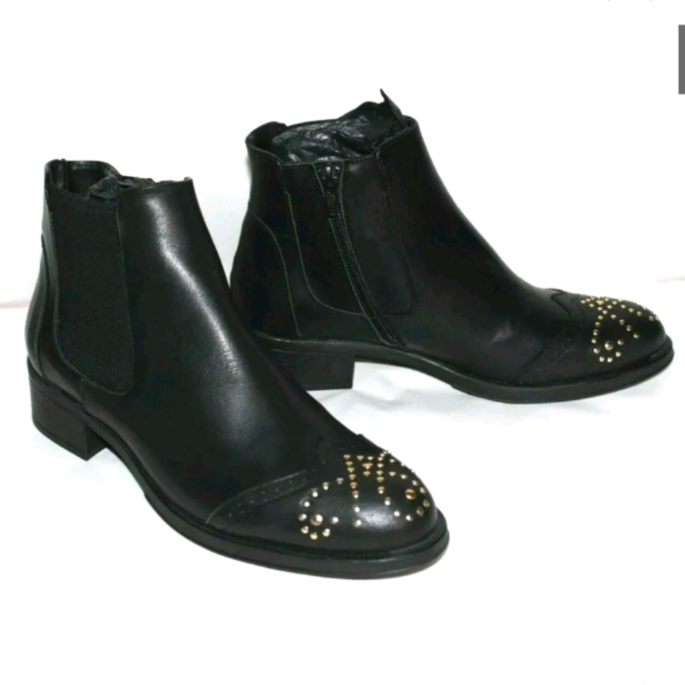 Cuple Spain Luxe Golden Studs Wingtip Premium Black Leather Boots 7.5 US 38 New